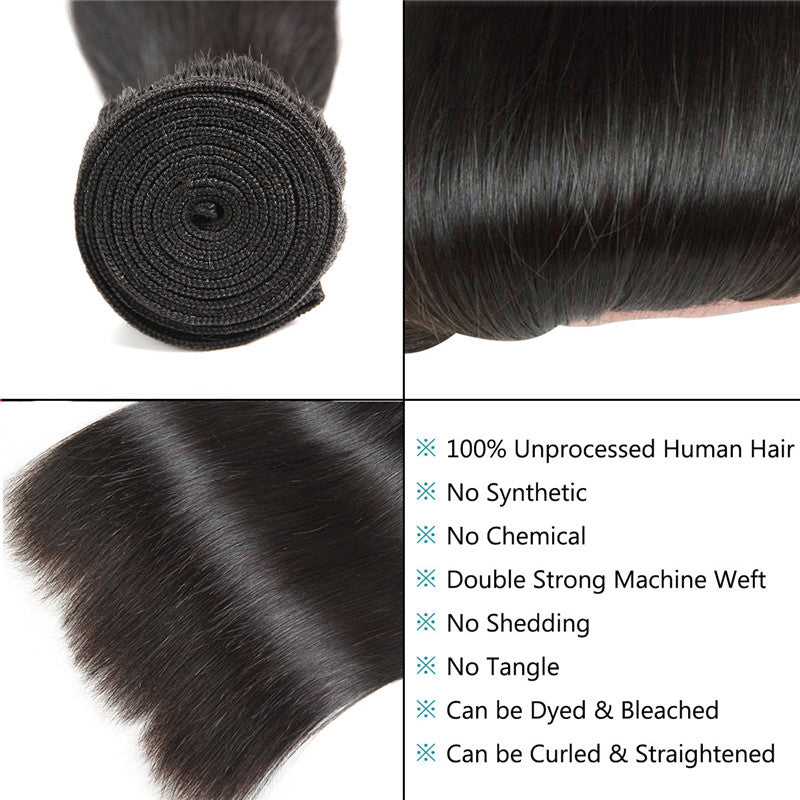 YZ Grace 10A Straight Thick& Soft Brazilian Human Hair Bundles with Closure Virgin Hair Natural Color