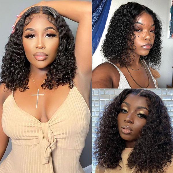 Deep Wave Bob Wig Blunt Cut Lace Front Wig 10A Human Hair Natural Color