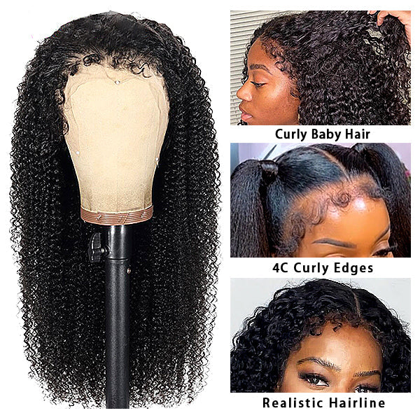 4C Edges Curly Baby Hair 13x4 & 13x6 HD Invisible Lace Frontal Kinky Curly Wigs Pre Bleached Knots Hair