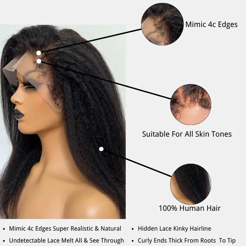 4C Hairline Wigs - 4x4 & 4x6 Lace Closure Kinky Straight with Realistic Hairline Human Hair Wig with Natural 4C Curly Baby Hair
