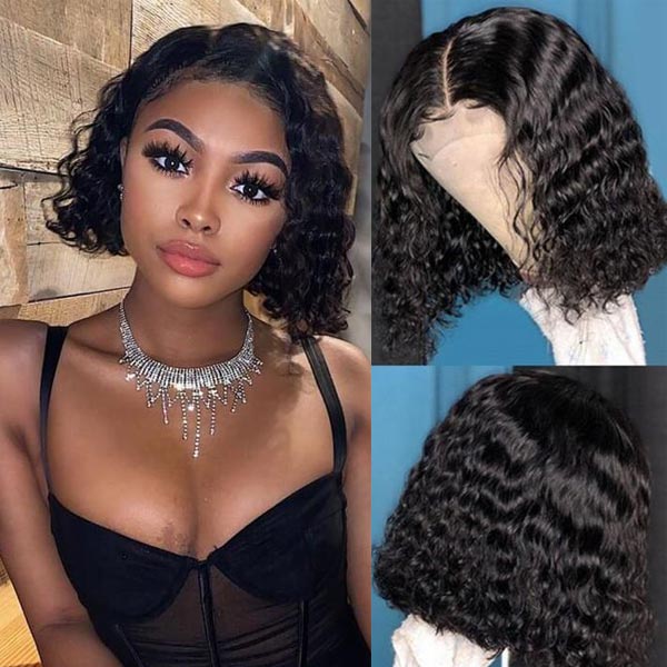 Deep Wave Bob Wig Blunt Cut Lace Front Wig 10A Human Hair Natural Color