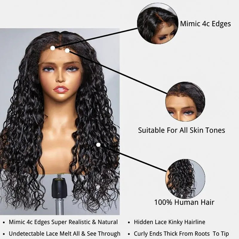 4C Hairline Wigs - Water Wave 4x4 & 4x6 Lace Closure with Realistic Hairline Wet Curly Human Hair Wig with Natural 4C Curly Baby Hair