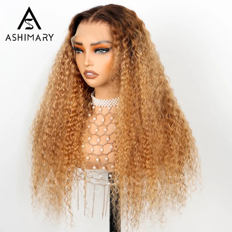 Extra 70% OFF | Water Wave Invisi Strap 360 Skin Lace Frontal Ombre Honey Blonde Wig With Chocolate Dark Roots Pre Everything Glueless Wig