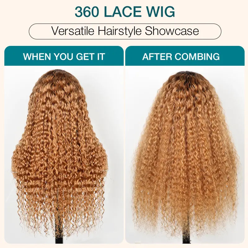 Extra 70% OFF | Water Wave Invisi Strap 360 Skin Lace Frontal Ombre Honey Blonde Wig With Chocolate Dark Roots Pre Everything Glueless Wig