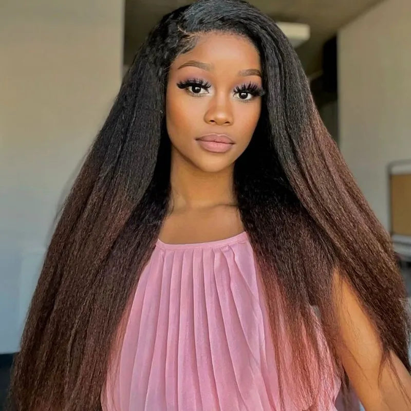 Black to Brown Ombre Yaki Straight 360 Skin Lace Frontal Invisi Strap Pre Everything Glueless Long Wig