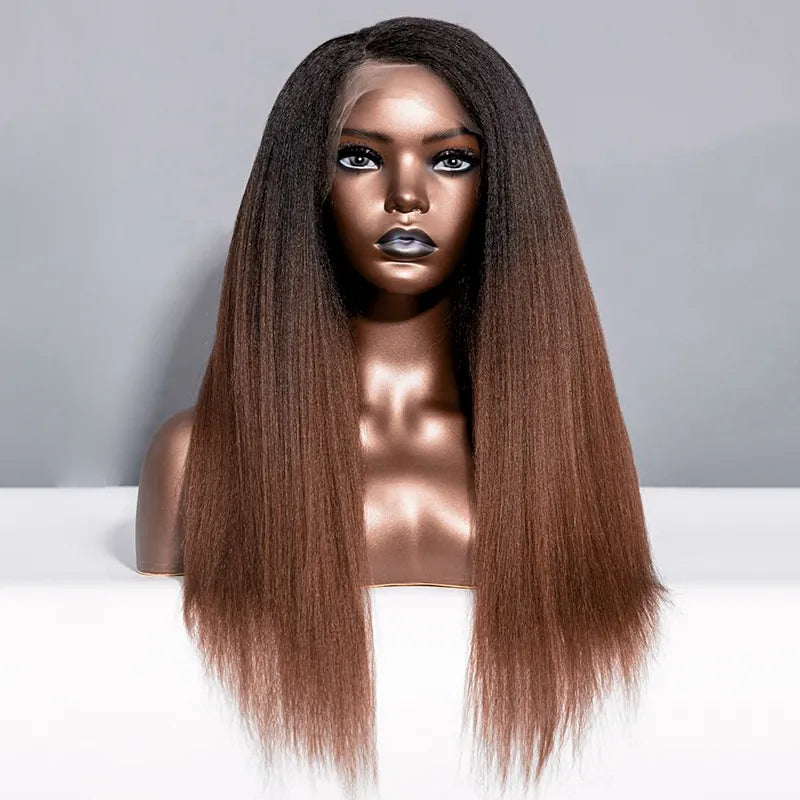 Black to Brown Ombre Yaki Straight 360 Skin Lace Frontal Invisi Strap Pre Everything Glueless Long Wig