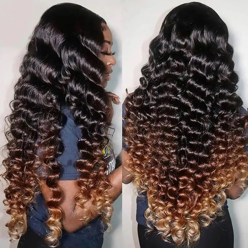 Black Brown Honey Blonde Ombre 360 Skin Lace Frontal with Invisi Strap Bouncy 3D Body Wave Pre Bleached Human Hair Wig