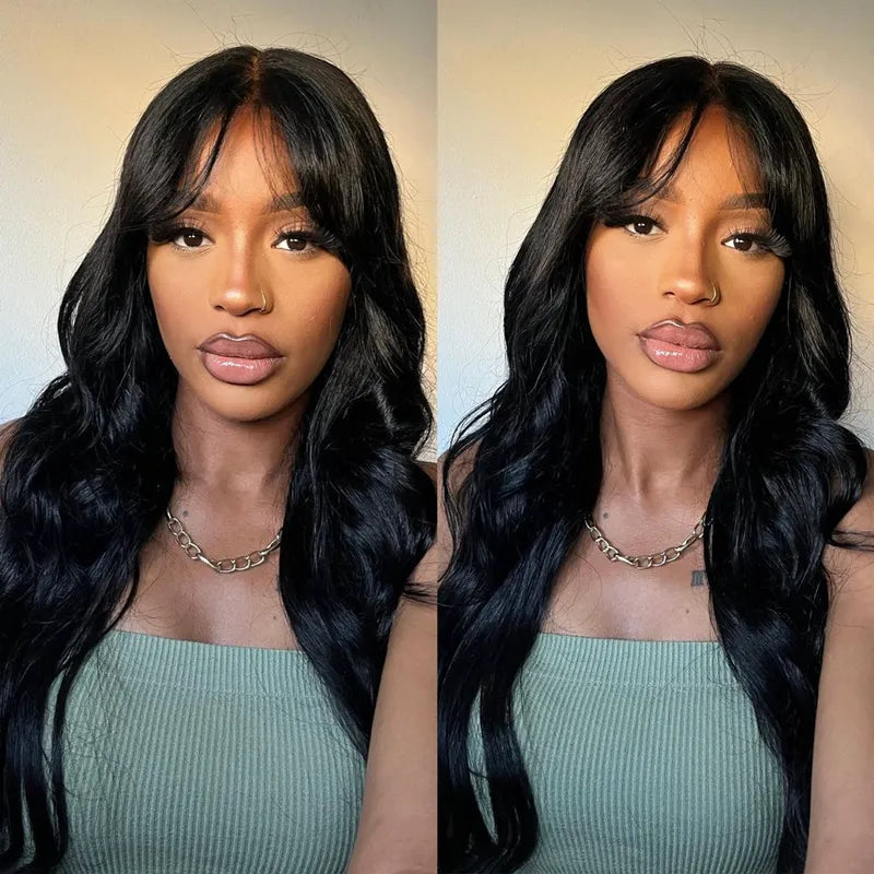 Ashimary Clip In Curtain Bang Hairstyles with Temples Melt Lace Natural Black Human Hair Extension