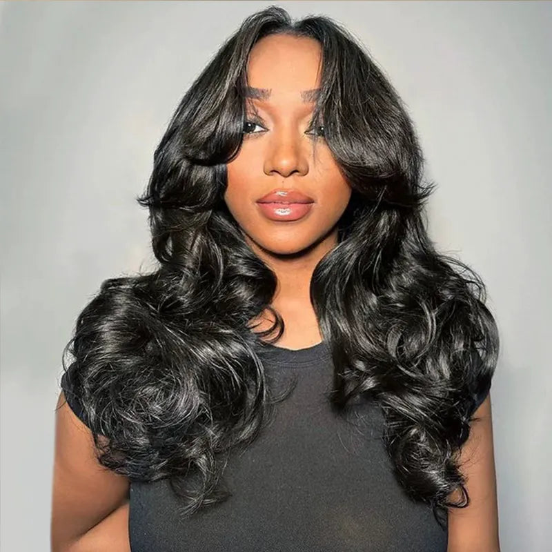 Ashimary Clip In Curtain Bang Hairstyles with Temples Melt Lace Natural Black Human Hair Extension