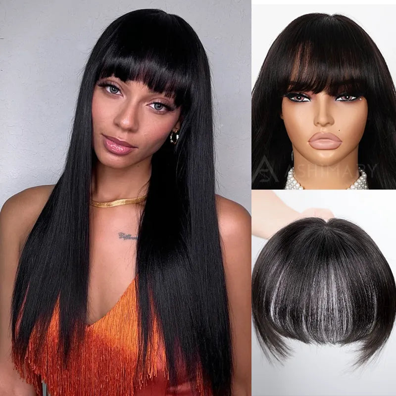Ashimary Clip In Bang with Temples Hand-Tied Melt Lace Natural Black Straight Human Hair Extension