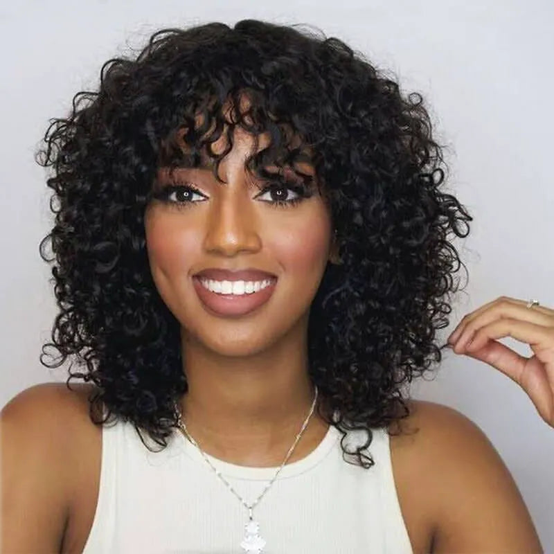 Curly Bangs Clip In Bang with Temples Hand-Tied Melt Lace Human Hair Extension