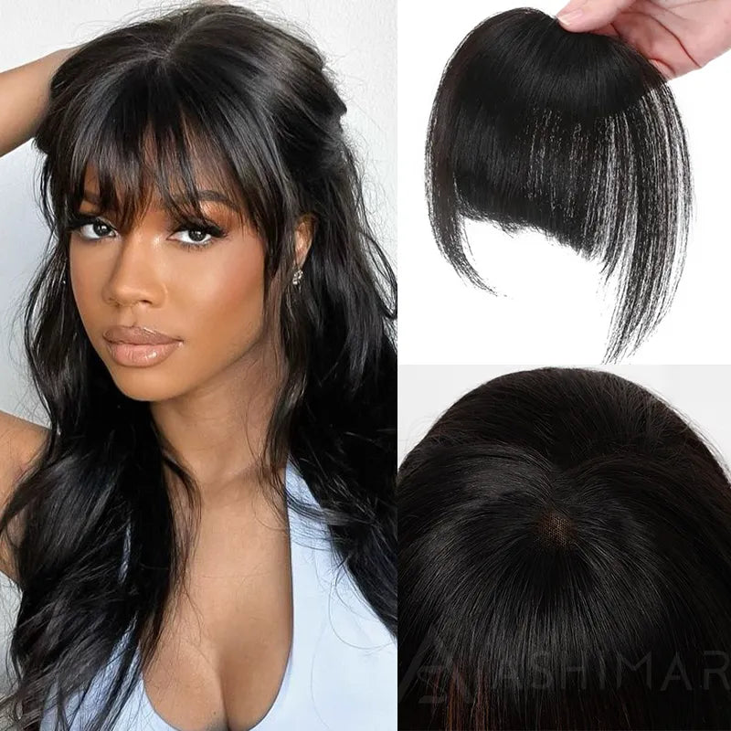 Ashimary Clip In Bang with Temples Hand-Tied Melt Lace Natural Black Straight Human Hair Extension