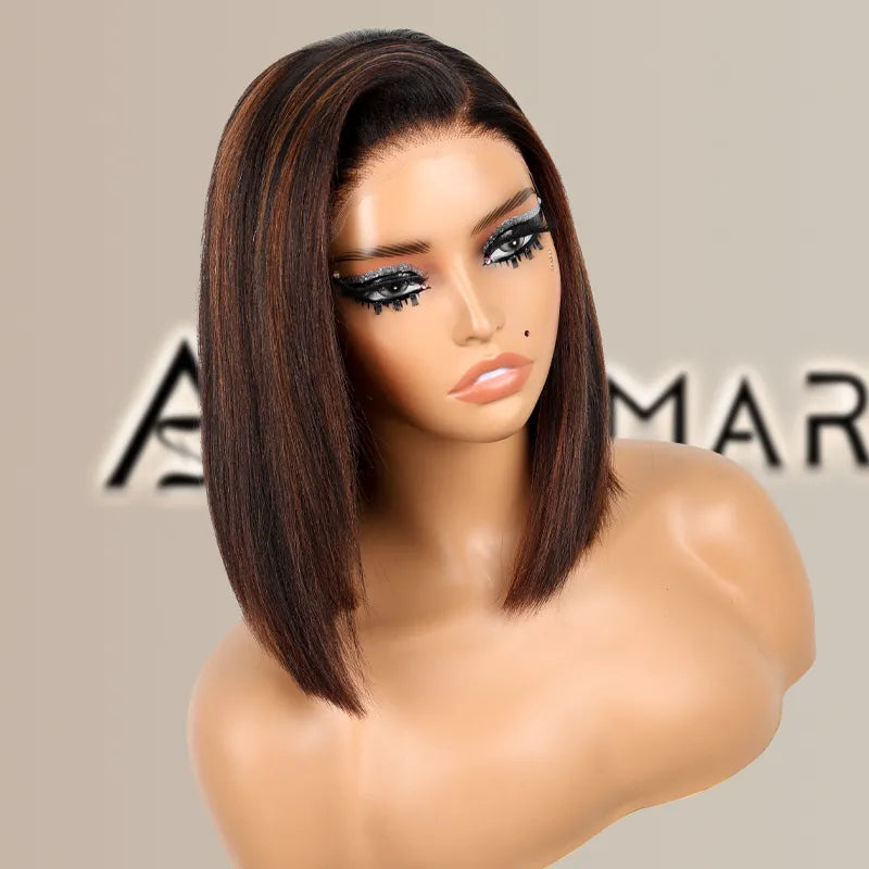 Highlight Yaki Straight Bob 13x4 Lace Frontal Pre Everthing 6x4.5 / 4x4 Lace Clsoure Human Hair Wig