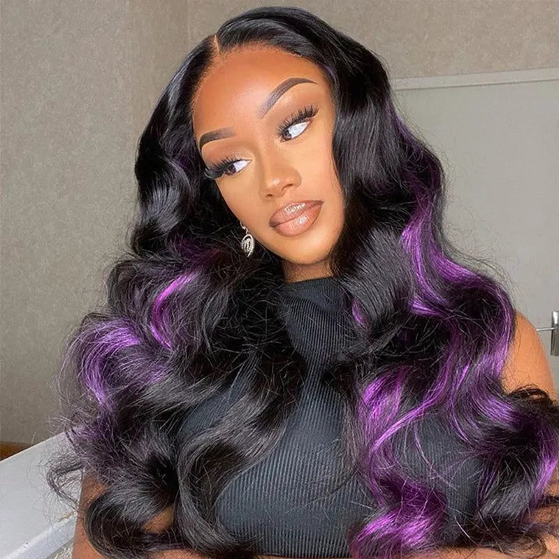 Peel & Tape Reusable Purple Peekaboo Balayage Highlight Human Hair Extension Long Silky Straight Hair Easy Tape Ins 10Pcs/25g