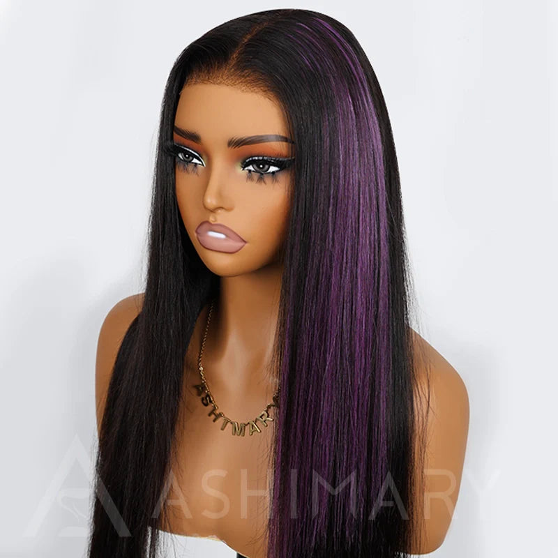 Peel & Tape Reusable Purple Peekaboo Balayage Highlight Human Hair Extension Long Silky Straight Hair Easy Tape Ins 10Pcs/25g
