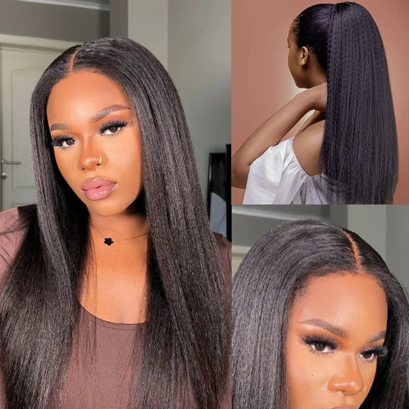 Super Natural Kinky Straight Invisi Strap Snug Fit 360 Transparent Lace Frontal Bleached Knots Pre Cut Lace Wig