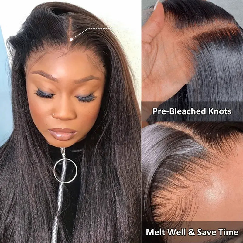 Super Natural Kinky Straight Invisi Strap Snug Fit 360 Transparent Lace Frontal Bleached Knots Pre Cut Lace Wig