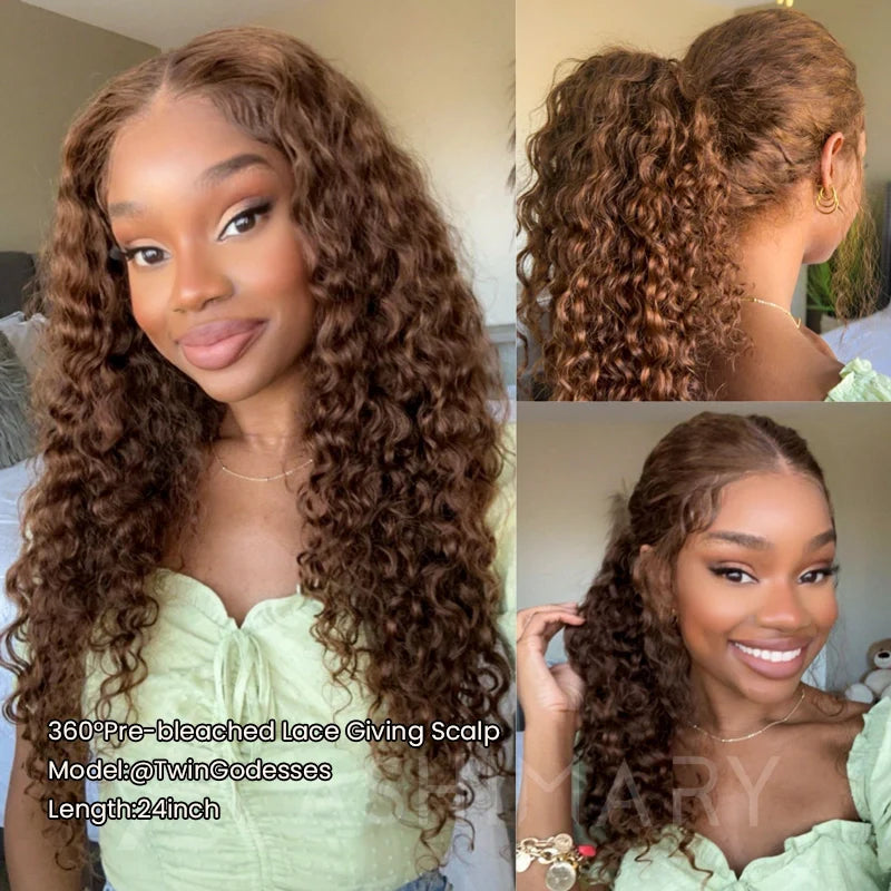 Chocolate Brown Water Wave Invisi Strap Snug Fit 360 Melting Lace Frontal Bleached Knots Glueless Lace Wig