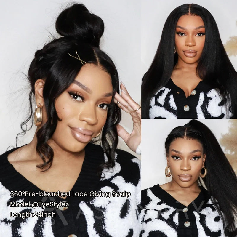 Super Natural Kinky Straight Invisi Strap Snug Fit 360 Transparent Lace Frontal Bleached Knots Pre Cut Lace Wig