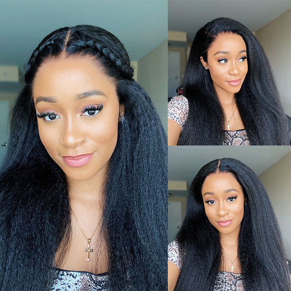 Pull Go 13x6 Full Wig Transparent Lace Kinky Straight Wig Natural Black Color