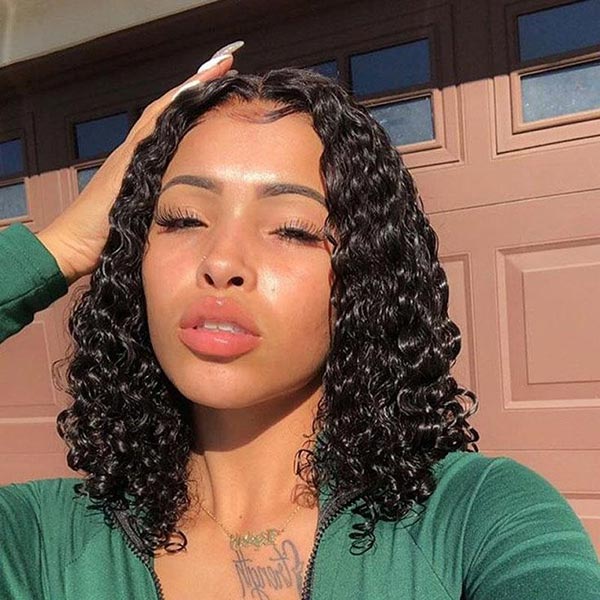 Deep Wave Bob Wig Blunt Cut Lace Front Wig 10A Human Hair Natural Color