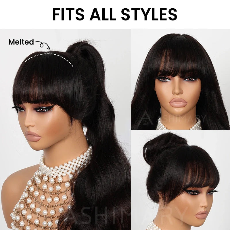 Ashimary Clip In Bang with Temples Hand-Tied Melt Lace Natural Black Straight Human Hair Extension
