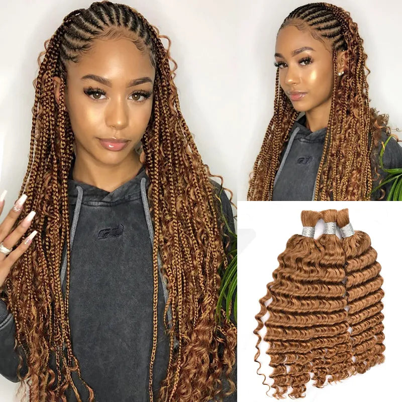 Ashimary #30 Golden Brown Deep Wave Bulk Human Hair Extensions For Knotless Braiding 3pcs/pack