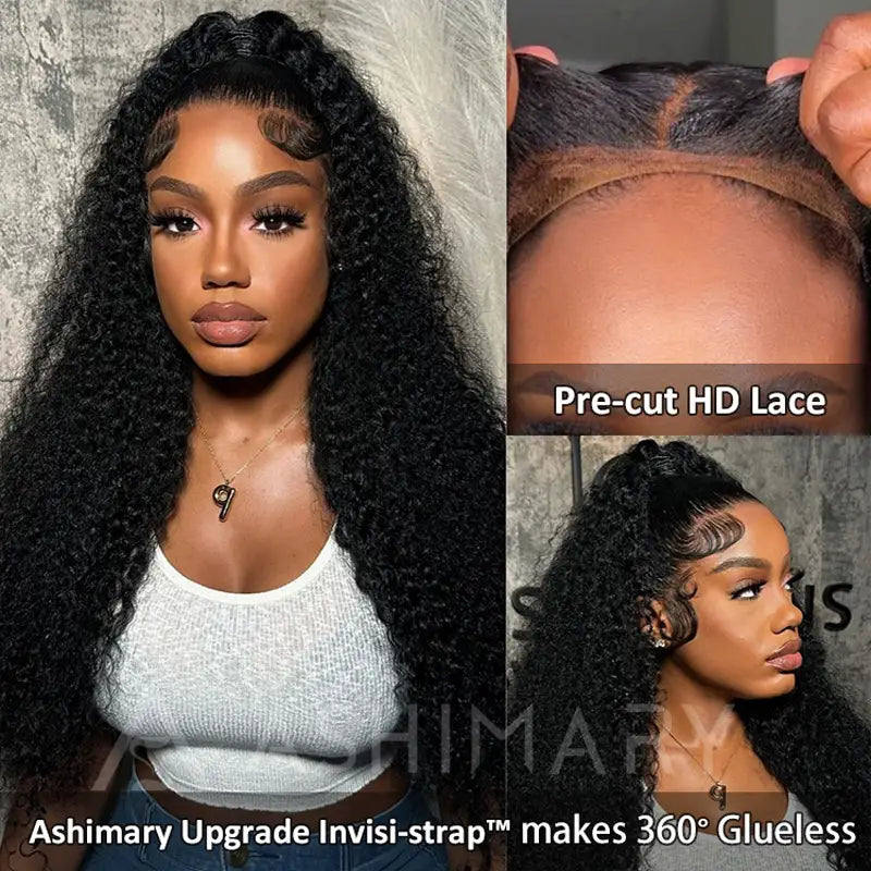 Kinky Curly Invisi Strap Snug Fit 360 Transparent Lace Frontal Bleached Knots Pre Cut Lace Wig