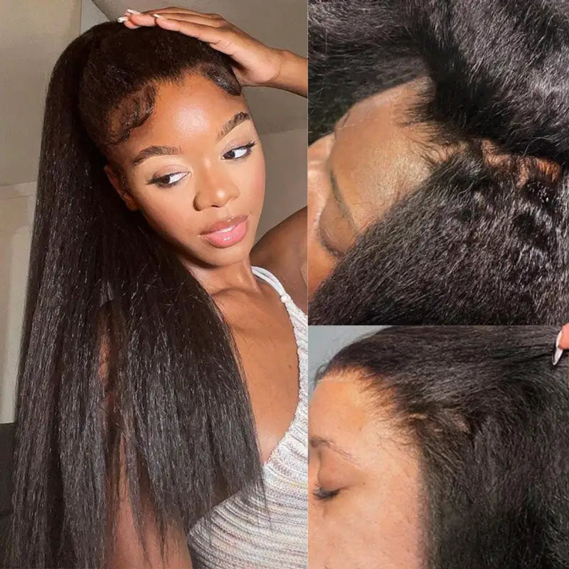 Super Natural Kinky Straight Invisi Strap Snug Fit 360 Transparent Lace Frontal Bleached Knots Pre Cut Lace Wig