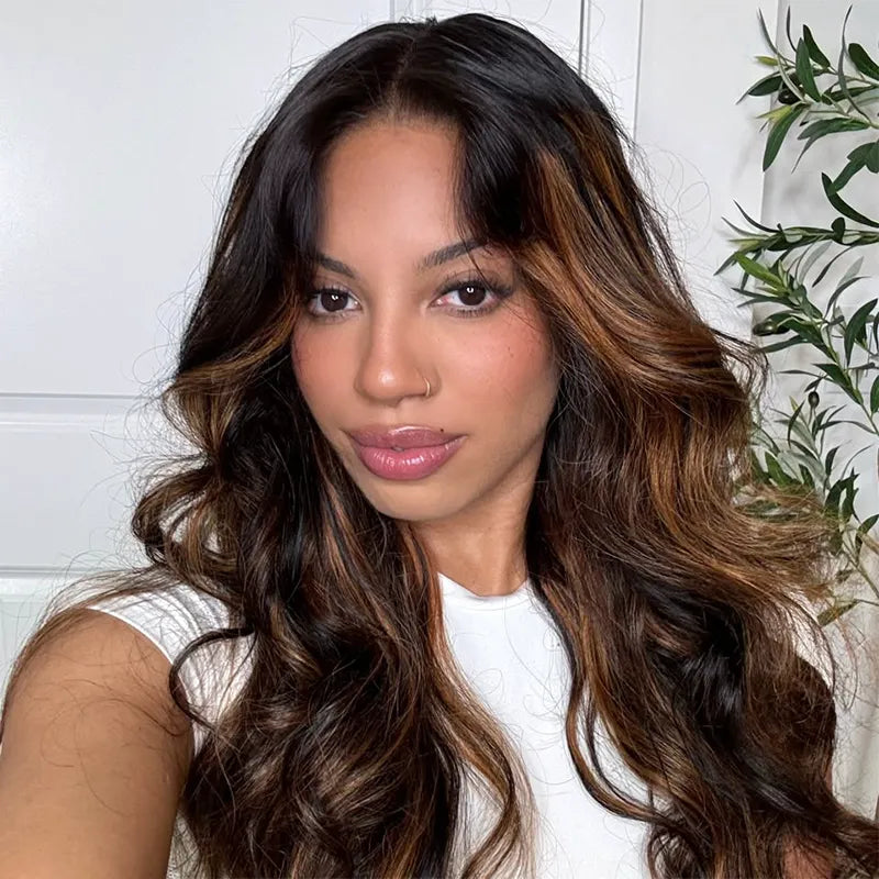 Balayage Highlights Dark Roots Body Wave 360 Skin Lace Frontal with Invisi Strap Human Hair Wig