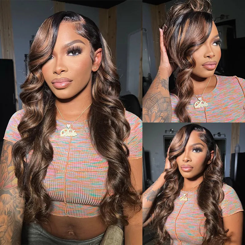 Balayage Highlights Dark Roots Body Wave 360 Skin Lace Frontal with Invisi Strap Human Hair Wig