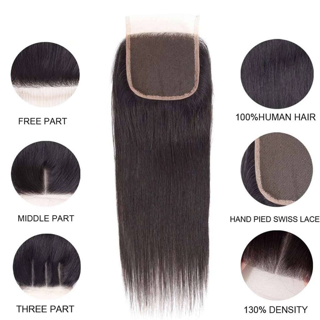 10A Straight Hair 4 Bundles With Closure Natural Color Indian Hair