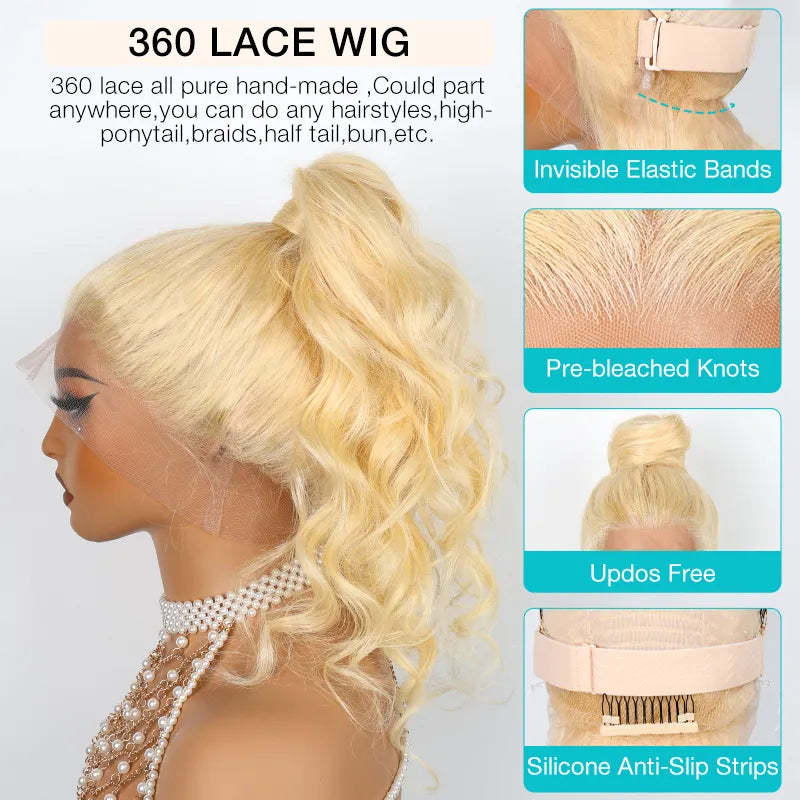 Ashimary Upgrade 360 Skin Lace Frontal with Invisi Strap Blonde 613 Body Wave Glueless Wig No Gel Needed Breathable Human Hair wig