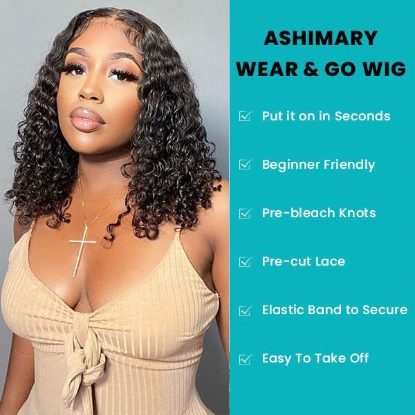Bohemian Curly Wear And Go Water Wave HD Transparent Lace Closure Bob Wig With Pre-cut lace & Bleached Knots