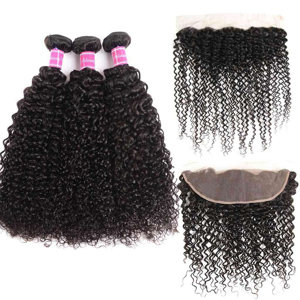 Cute Curly 3 Bundles With Frontal Jerry Curly 9A Grade Brazilian Virgin Hair