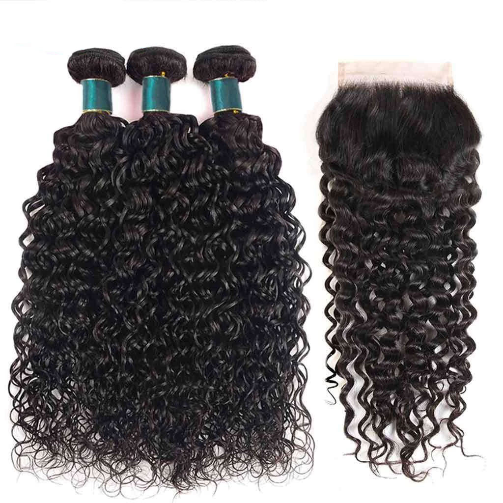 Water Wave 3 Bundles with Closure Ashimary 10A Brazilian Human Hair Natural Color
