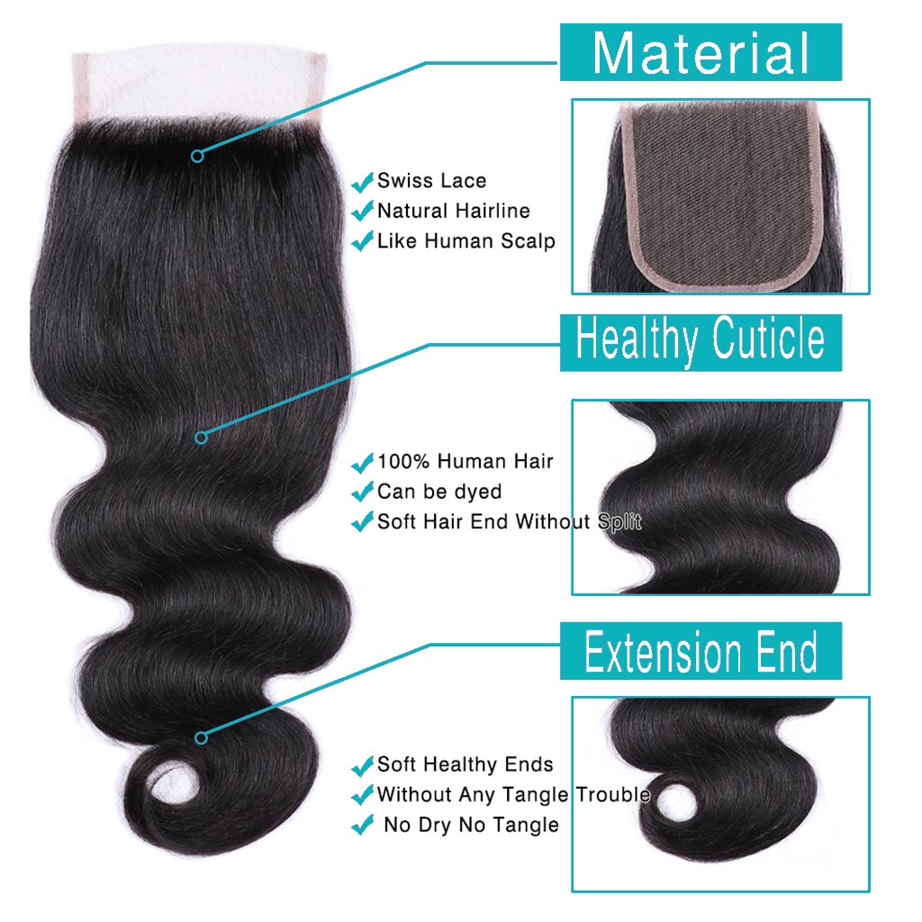 Ashimary Body Wave Hair 4x4Inchs Lace Closure Natural Color 100% Human Hair