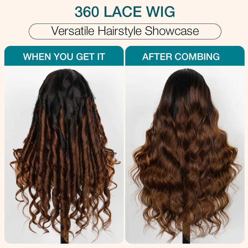BOGO 360 Lace Frontal with Invisi Strap 3D Bouncy Body Wave Black Ombre Brown Highlight Pre Plucked Wig