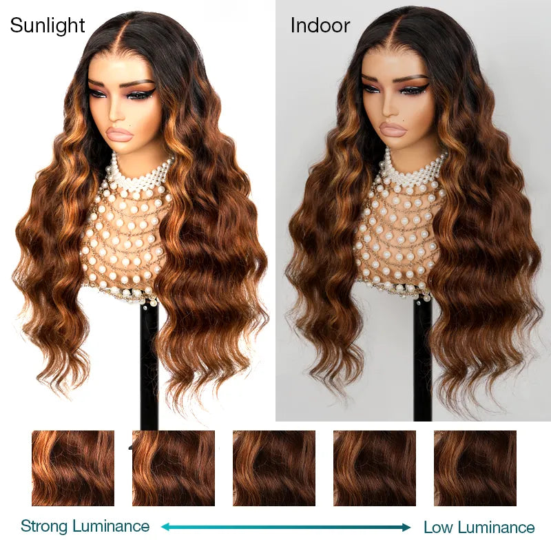 BOGO 360 Lace Frontal with Invisi Strap 3D Bouncy Body Wave Black Ombre Brown Highlight Pre Plucked Wig