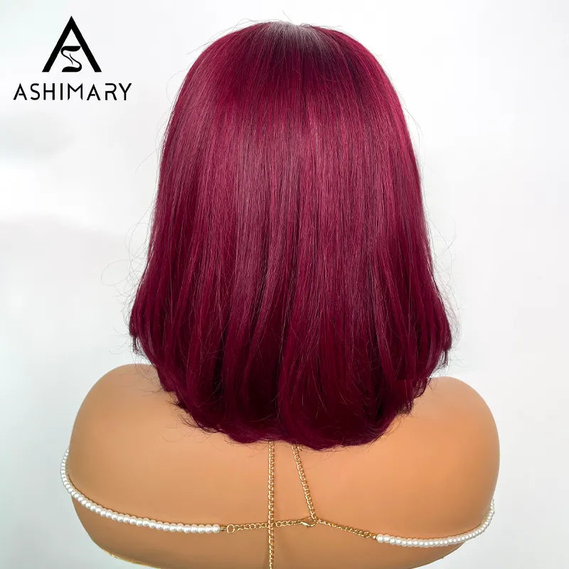 99J Burgundy Face Framing Blow Out Layers Cut Shoulder Length 4x4 Lace Frontal Straight Bob Wig Human Hair