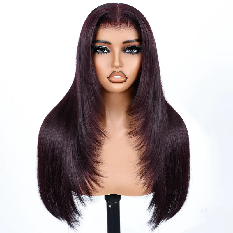 Dark Plum Color Straight Glueless Invisi Strap 360 Lace Frontal Wigs Tight & Neat Pre-Cut layered Optional