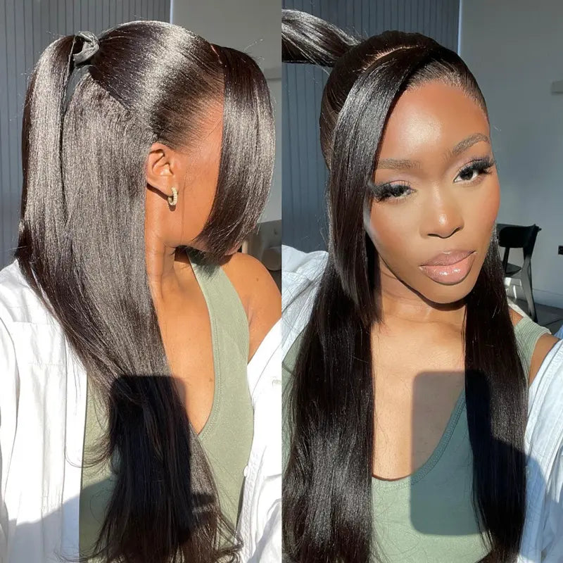 Light Yaki Straight Invisi Strap Snug Fit 360 Transparent Lace Frontal Bleached Knots Pre Cut Lace Wig Natural Color