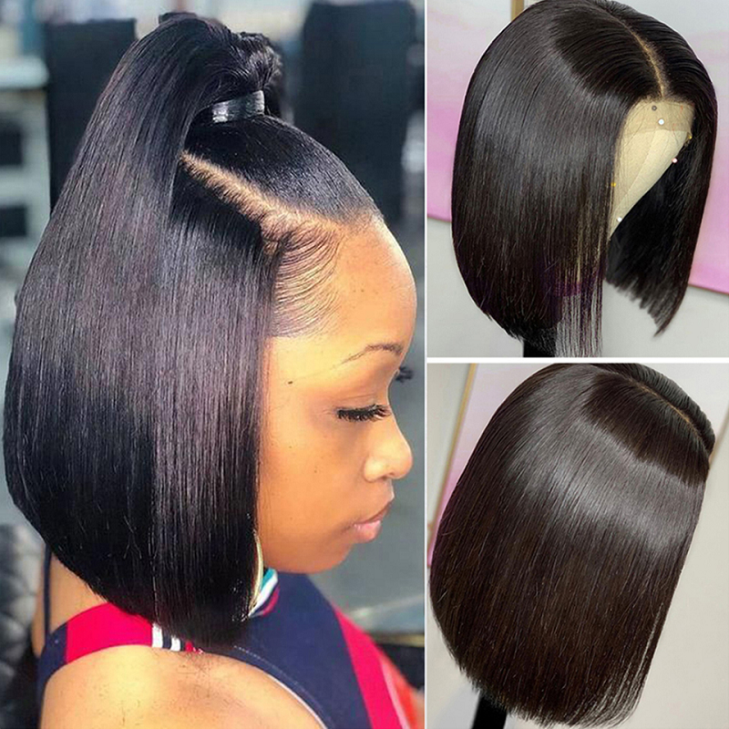 Short Straight Bob Double Drawn High Density Transparent Lace Frontal Wigs Human Hair