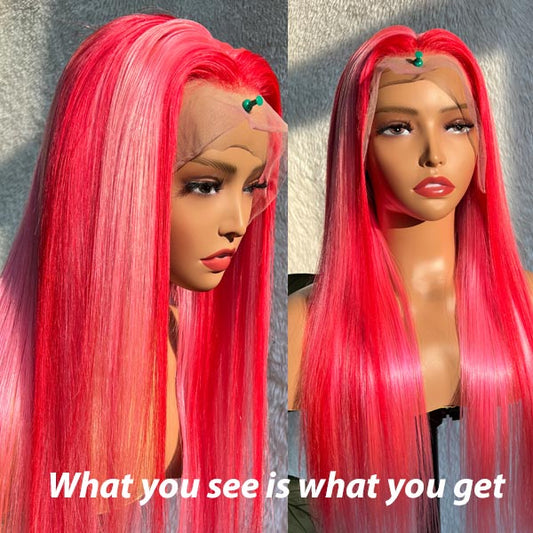 Pink Highlight Straight Hair Pull Go 13x4 Transparent Lace Frontal Wigs Human Hair