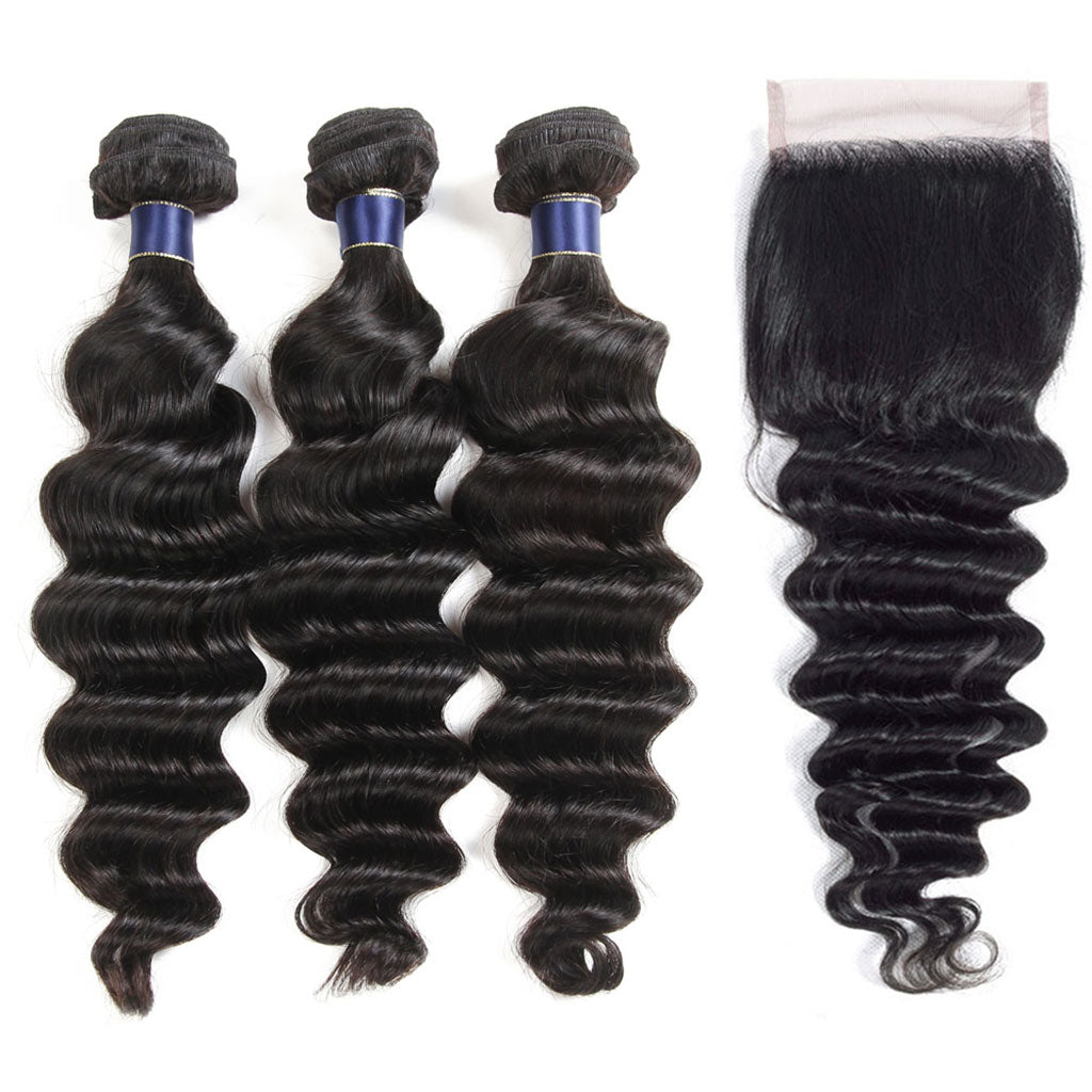 10A Loose Deep Wave Hair 4 Bundles With Closure Natural Color