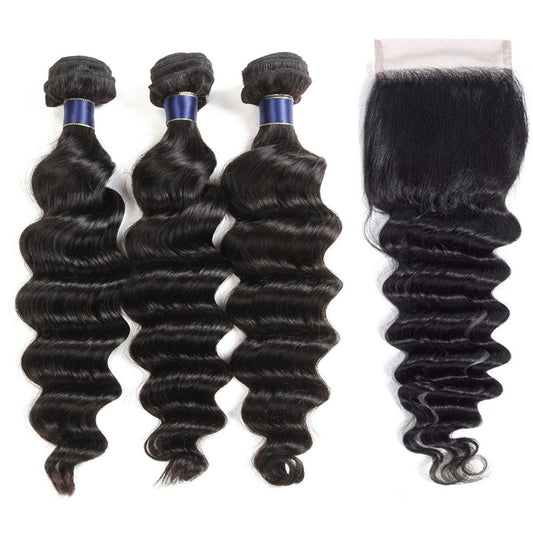 10A Loose Deep Wave Hair 4 Bundles With Closure Natural Color