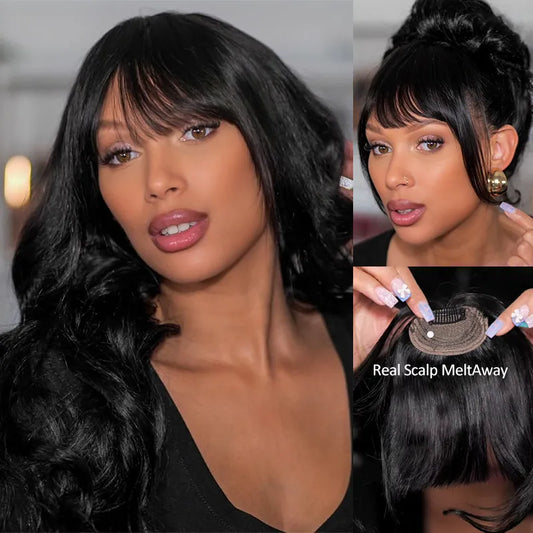 Ashimary Clip In Bang with Temples Hand-Tied Melt Lace Natural Black Straight Human Hair Extension