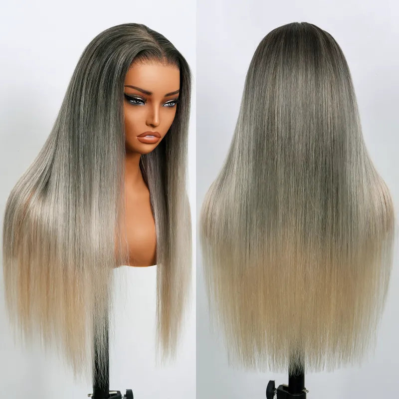 Straight Blonde Balayage with Dark Roots 13x4 Transparent Lace Frontal Clean Bleached & Pre-Plucked Wig Customized Color for Black Women