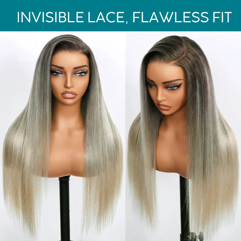 Straight Blonde Balayage with Dark Roots 13x4 Transparent Lace Frontal Clean Bleached & Pre-Plucked Wig Customized Color for Black Women