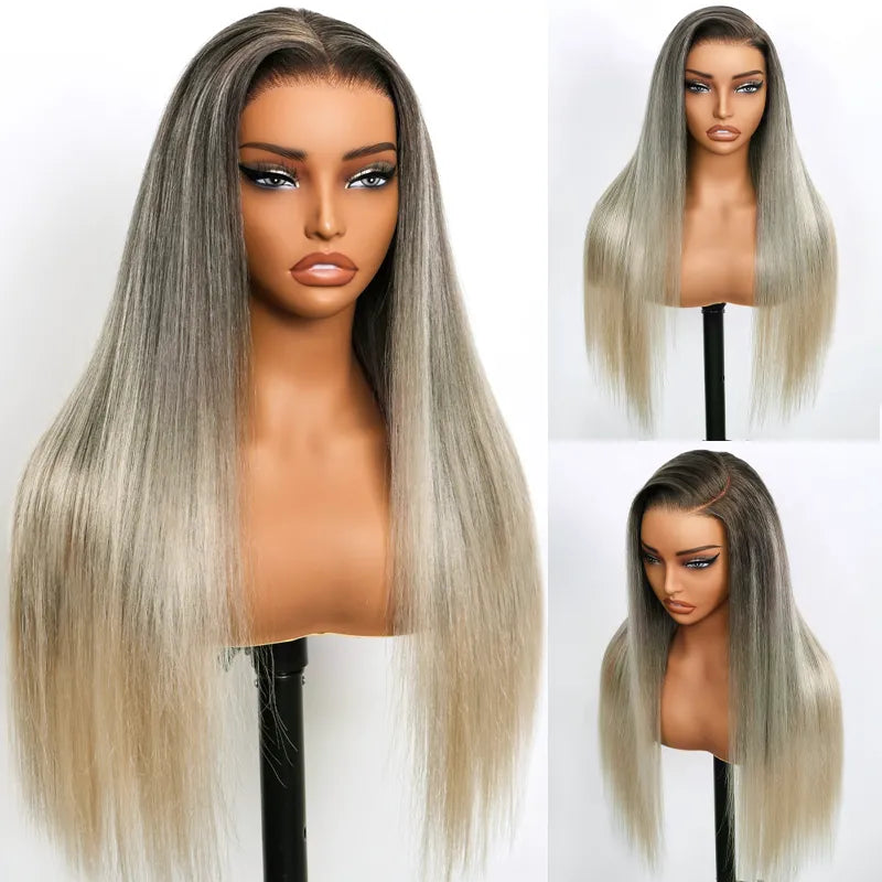 Straight Blonde Balayage with Dark Roots 13x4 Transparent Lace Frontal Clean Bleached & Pre-Plucked Wig Customized Color for Black Women